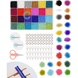 BeautyBeads BB107-3mm – Knutselen en Sieraden Maken – Knutsel Sieradenpakket met 12000 Glaskralen – Uitgebreide 24-Kleurige Glaszaad Hobbypakket – 3mm Kralen