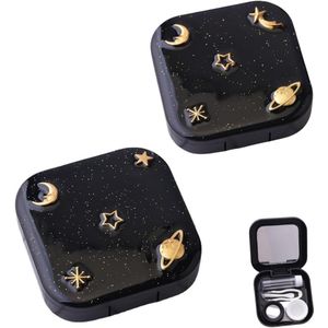 Contactlenzenetui met spiegel, draagbare mini-contactlensopbergdoos met L- en R-doppen voor op reis, Zwart