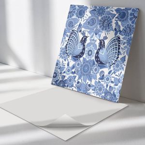 Wallfluent Vinyl Wandpaneel - Patroon met vogels en bloemen Wandpaneel PVC - 50 cm x 50 cm - Blauw Vinyl Wandpaneel - Set van 4 - Vierkant Wandbekleding Vinyl - Bloemen en planten Wandpaneel - Zelfklevend Wandpaneel - Wandpaneel Keuken en Badkamer