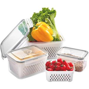 Set van 3 voedselopslagcontainers Fruit Groente Koelkast Organiseerset, 3,3 L + 1,75 L + 0,85 L Voorraadpotten met deksel met zeef BPA-vrije opbergdoos Keuken