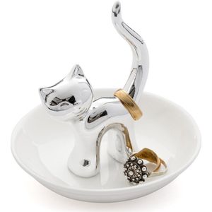 Balvi ringhouder kat op schaaltje Gatto wit met zilver