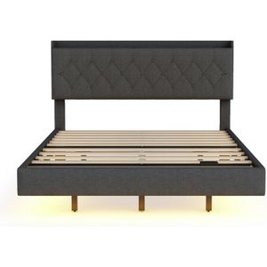 Gotagee Polsterbed met USB-laadstation en LED-kleurveranderende lichtstrip Tweepersoonsbed in linnenstof met lattenbodem