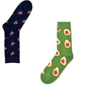 Binkie Socks Box | 2 Paar Sokken Heren | Flamingo Sokken en Avocado Sokken | Sokken Maat 43-46