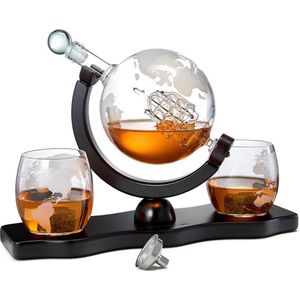 Whisky Karaf Globe Wereld Set - Whisky en Wijn Decanter met Globe Bril - Verjaardag Huis warming Drankcadeau voor Hem - Scotch Bourbon Wodka - Echtgenoot Geschenken Mannen - 850ml