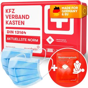 PURAHELP auto EHBO koffer volgens de huidige norm 2025 DIN 13164 - inclusief ademhalingsdoekje, 2x klittenband - EHBO doos set auto 2025