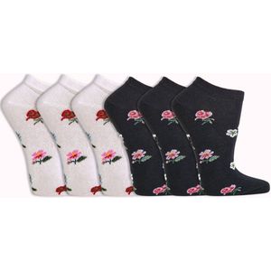 Dames sneakersokken | no show sokken | enkelsokken | 6 paar | Thema: bloemen | hoogwaardig katoen