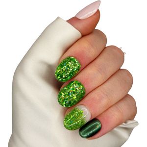 SD Press on Nails - No. 79 Green Magic - Plaknagels - Nepnagels met lijm - XS Almond Nageltips - Groen Glitter - Nail Art - Nagelset met 20 nagels - Hangemaakt
