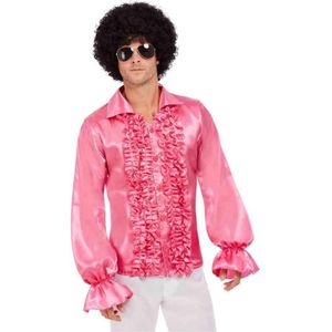 Smiffy's - Hippie Kostuum - Roze 60s Rouches Hemd Man - Roze - XL - Carnavalskleding - Verkleedkleding