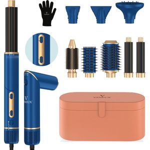 VENEUX® 8 in 1 Föhnborstel - Airstyler - Krulborstel - Krultangen - Diffuser - Blauw / Goud