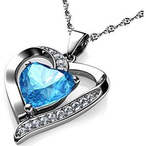 Hart Ketting van 925 Sterling Zilver met Aquamarijn en Kristallen Hanger - Elegante Fijne Sieraden voor Vrouwen