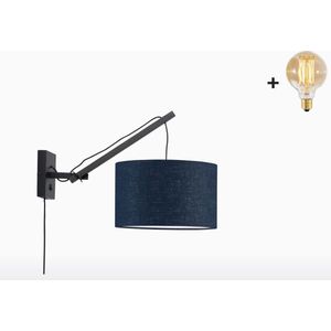 Wandlamp met Korte Arm - ANDES - Zwart Bamboe - Blauw Linnen - Met LED-lamp