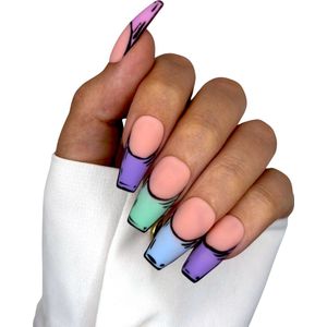 SD Press on Nails - No. 48 Good To Be Bad - Matte Pastel French Manicure - Lang Coffin - Plaknagels - Nepnagels - Handmade nail art - Nagelset - Cosplay - Luxury Nails