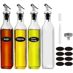 Olieflessen - 4 Delige Set - 500ML - Met Schenktuit, Trechter, Stickers & Stift - Oliefles Glas - Olie- en Azijnstel - Glazen Oliefles - Olijfolie Fles - Kan