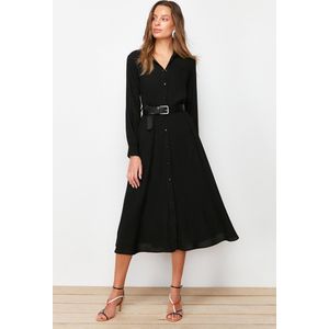 Trendyol Zwarte Midi-Geweven Overhemdjurk Met Riem Twoaw21El1428