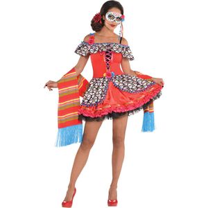 PartyXplosion - Spaans & Mexicaans Kostuum - Bezaaid Met Schedels Dia De Los Muertos - Vrouw - Rood - Medium - Halloween - Verkleedkleding