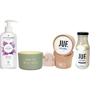 Attitude Cadeauset Juf Geweldig - Attitude Super Leaves Handzeep Witte Thee - Kaars Thank you for all you do - Bruisballen Juf - Hartzeep Juf