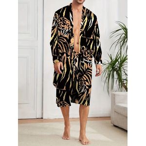 ochtendjas set badjas satijn pyjama set short luipaard zwart geel tweedelig nachtmode