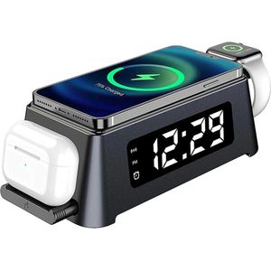 DrPhone PowerCharge Alert – 3 In 1 Draadloze Oplader - Oplaaddock - Smart Multifunctionele LED Digitale Wekker – Geschikt voor Apple Watch /Airpods/Smartphones- Zwart