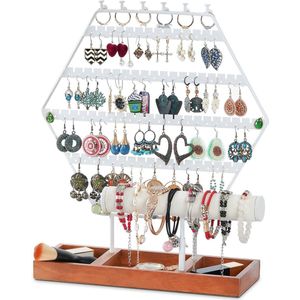 Zeshoekige sieradenstandaard oorbelhouder voor ringen en kettingen - organizer sieradenrek T-vormige armbandstandaard met houten sokkel