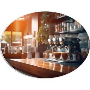 PVC Schuimplaat Ovaal - Koffie - Kopjes - apparaat - Tafel - Hout - 56x42 cm Foto op Ovaal (Met Ophangsysteem)
