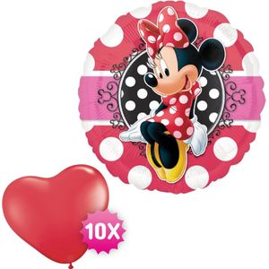 Minnie Mouse Ballon 43 cm + 10 Rode Hart Ballonnen 15 cm - Verjaardag Versiering - Folieballon Ongevuld - Ballonnenboog Decoratie Feest - Party Slinger Jongen Meisje