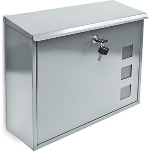 Relaxdays brievenbus hangend - met slot - 2 sleutels - 33 x 34,5 x 10,5 cm - metaal - muur - zilver