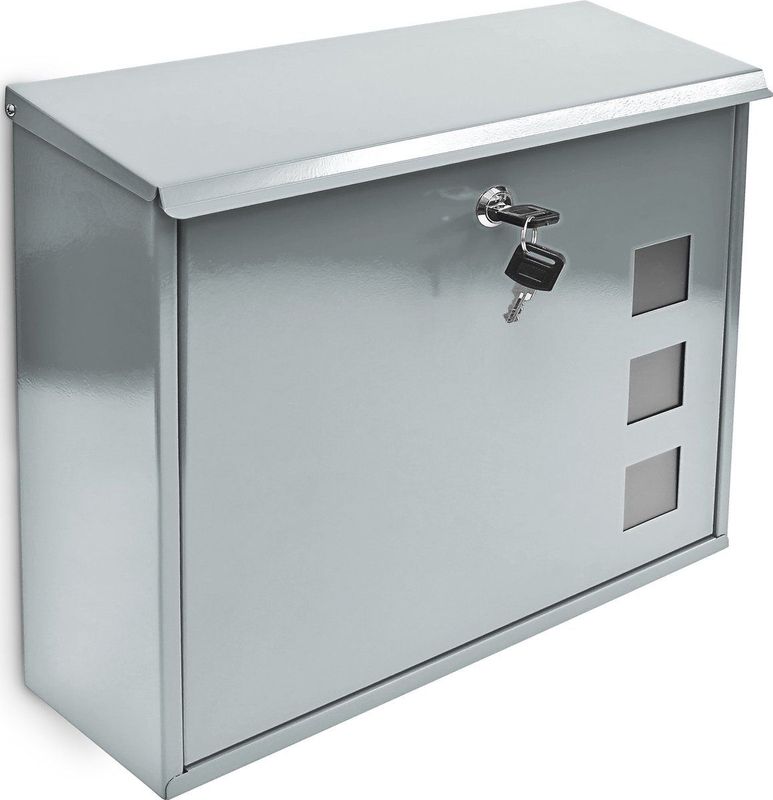 Relaxdays brievenbus hangend - met slot - 2 sleutels - 33 x 34,5 x 10,5 cm - metaal - muur - zilver