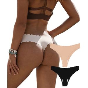 Set van 2x Naadloze Dames Strings – High-Waist & Low-Rise – Zwart & Beige – Onzichtbaar Ondergoed – Zachte Stretchstof – Maat S