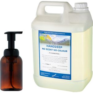 Zeepdispenser 300 ml amber bruin hervulbaar + 5 liter Handzeep No Scent, No Colour navulling
