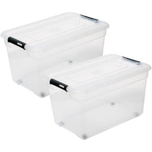 5Five - Solutions Box - Opbergkist met Deksel - Transparant - 52 Liter - 58 x 39 x 34 cm - Kunststof - Met Wielen