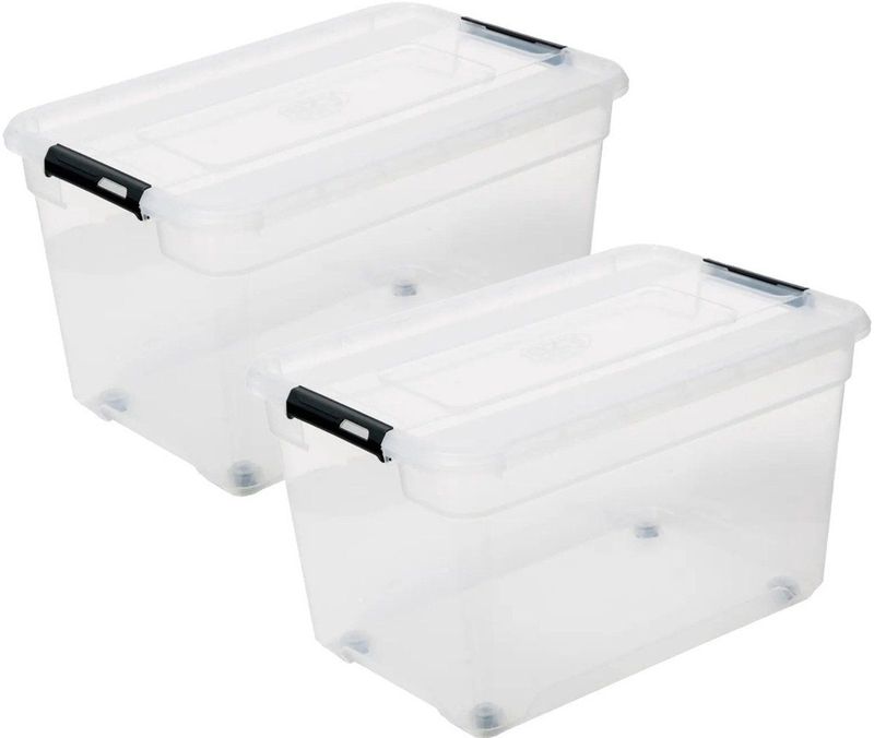 5Five - Solutions Box - Opbergkist met Deksel - Transparant - 52 Liter - 58 x 39 x 34 cm - Kunststof - Met Wielen