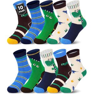 10 paar kindersokken - Klassieke sokken voor meisjes en jongens - Leuke katoenen sokken - Herfst- en wintersokken met cartoondinosaurussen - Babysokken - Maat S 1-3 jaar [Aanbevolen schoenmaten 21-24]