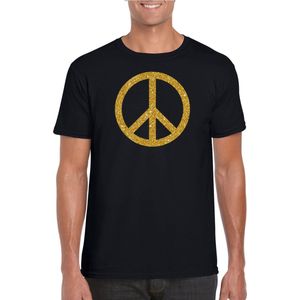 Zwart Flower Power t-shirt gouden glitter peace teken heren - Sixties/jaren 60 kleding M