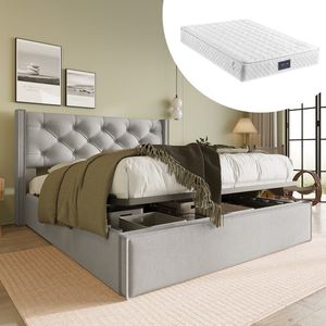 KOMHTOM Bed Tweepersoonsbed 140x200 cm Kistbed Metalen lattenbodem met opbergruimte lichtgrijs met matras