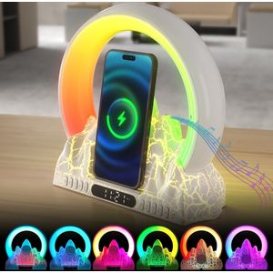 Wake-up Light met Vulkanisch Design – 10 Natuurgeluiden – FM Radio – White Noise – Draadloos Opladen – Nachtlamp met RGB Kleuren – LED Klok – App-bediening – Slaapmodus