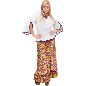 Widmann - Hippie Kostuum - Lange Jurk Hippie Vrouw Fluweel Kostuum - Wit / Beige, Multicolor - Medium - Carnavalskleding - Verkleedkleding