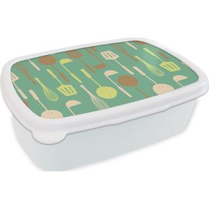 Broodtrommel Wit - Lunchbox - Brooddoos - Spatel - Lepel - Patronen - Keuken - 18x12x6 cm - Volwassenen