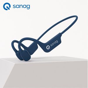 Sanag Bone Conduction Headphone – Koptelefoon Fietsen & Hardlopen – 64GB Geheugen – IPX 7 Waterdicht & Lichtgewicht – 7 Uur Batterij – Noise Cancelling – Blijft Stevig Zitten tijdens Sporten – Magnetisch Opladen – Blauw