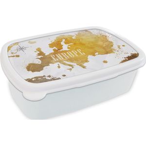 Broodtrommel Wit - Lunchbox - Brooddoos - Wereldkaarten - Europa - Goud - 18x12x6 cm - Volwassenen