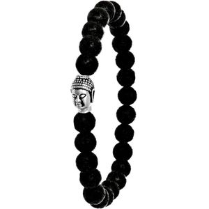 Lucardi Heren Armband met lava stenen boeddha - Staal - Armband - Cadeau - Vaderdag - 19 cm - Zilverkleurig
