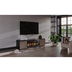 CRESTIA TV Meubel - Met Bio Ethanol Sfeerhaard - Mat Zwart/Eiken - 163 cm