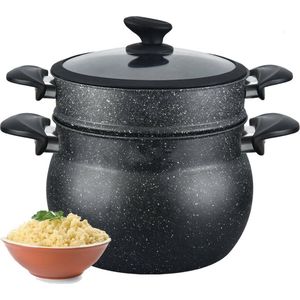 IBBO® - Couscous Pan - Stoompan - 9 Liter - Ø24cm - Rijst en Groentestomer - Multisteamer Voor Alle Warmtebronnen - Couscoussier - Aluminium - Met Glazen Deksel - Zwart