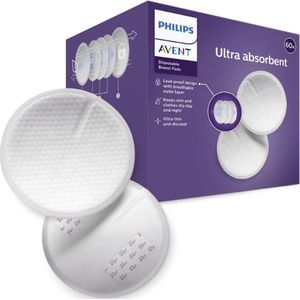 Philips Avent Borstkompressen - 60 stuks - Extra dun en absorberend - Lekvrij - Ademende buitenlaag - Honingraatbovenlaag - 2 Plakstrips - Afzonderlijk verpakt - SCF254/61