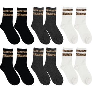 Inovra Plus - 6 Paar Dames Luipaardprint Sokken Katoenen Sokken Luipaardpatroon Gestreepte Sokken Maat 35-42 Zwart Wit Grijs Geschikt voor Sport & Casual Wear