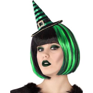 Halloween heksenhoed - mini hoedje op diadeem - one size - zwart/groen - meisjes/dames - verkleed accessoires