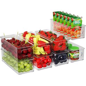Koelkast-organizer, set van 8, stapelbare opbergdoos, klein koelkastdozen met handvat, doorzichtig reservoir voor keuken, kasten, vriezer, voorraadkast, BPA-vrij