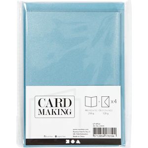 Kaarten en enveloppen, afmeting kaart 10,5x15 cm, afmeting envelop 11,5x16,5 cm, parelmoer, 120+210 gr, blauw, 4 set/ 1 doos