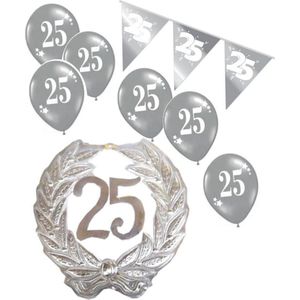 25 jaar getrouwd S - Jubileum pakket feestversiering (pvc huldekrans 24 cm) - zilveren bruiloft - voor kleine woonkamer