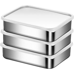 Vershouddoos, vriescontainer, voedselopbergdoos, stapelbare roestvrijstalen doos met afsluitdeksel, vaatwasser, vriezer, oven safe (set van 3, 0,7 l)