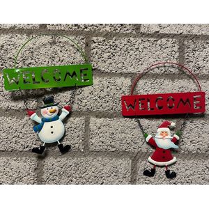 Metalen Kerstdecoratie hanger ""welcome""- Set van 2 stuks - Kerstman/Sneeuwpop - meerkleurig - hoogte 28 x 20 x 1 cm - Woonaccessoires - Decoratieve hangers - Kerstaccessoires
